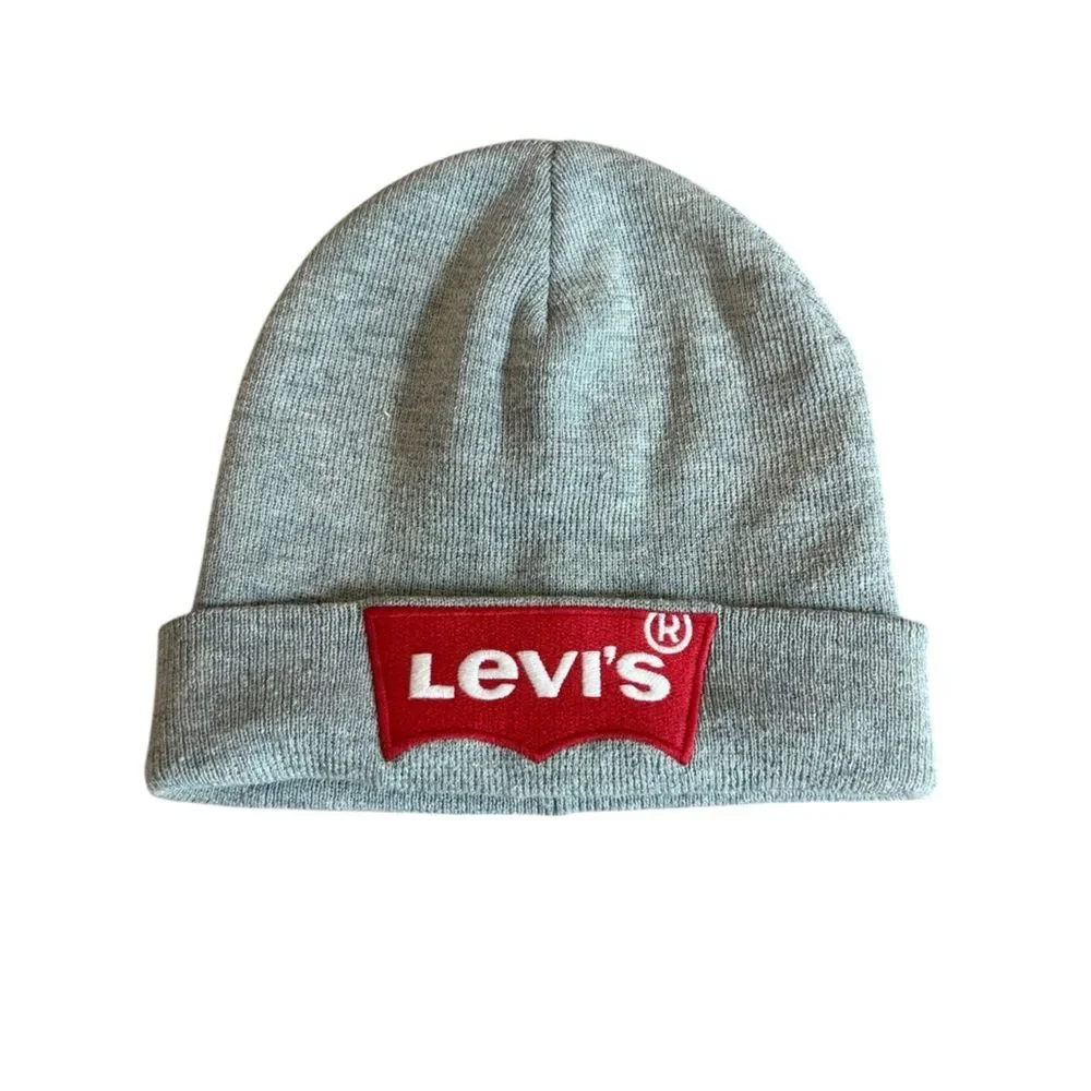 Levis Youth Beanie Hat Heather Gray Red Logo Patch